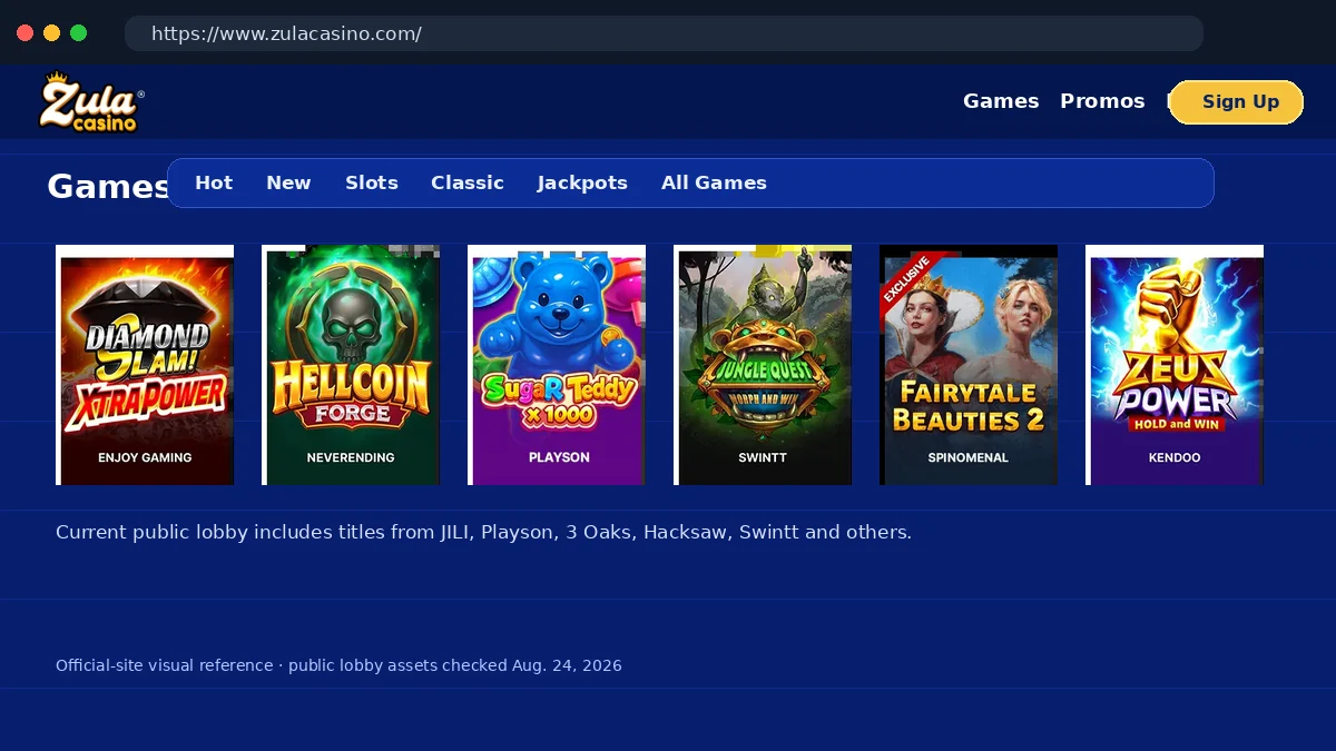 Zula Casino official public game lobby visual reference