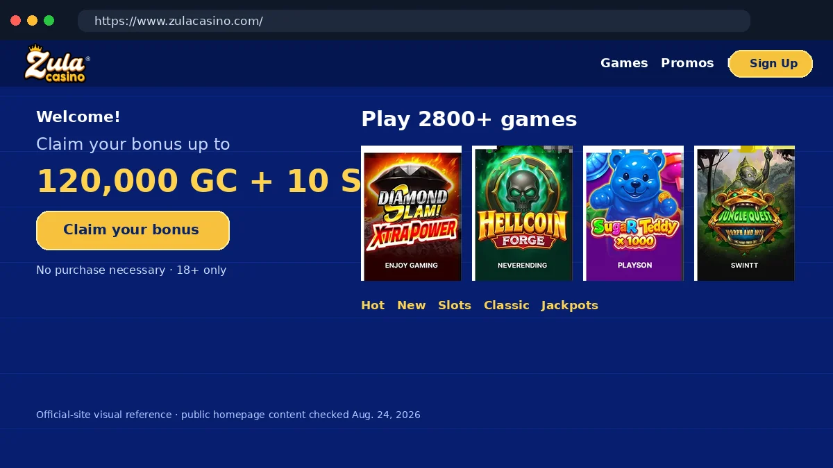 Zula Casino official homepage visual reference showing the welcome bonus and game lobby