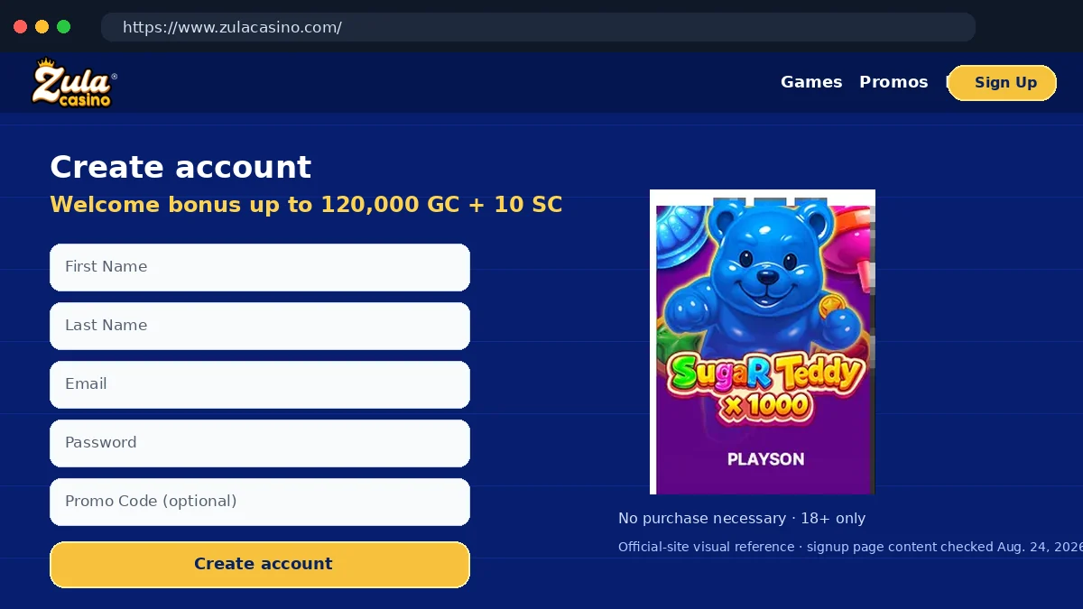 Zula Casino official sign up page visual reference with welcome bonus